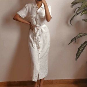 ZARA WHITE LINEN BELTED WHITE BUTTON DOWN DRESS XL